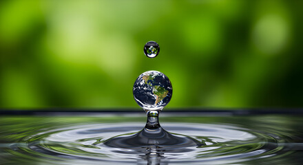 Water Drop Forming a Globe Earth with Fresh Green Background Representing Environmental Protection