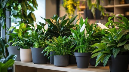 A trendy coworking space filled with a variety of potted plants such as ZZ plants peace lilies and ivy vines creating a vibrant yet calming environment