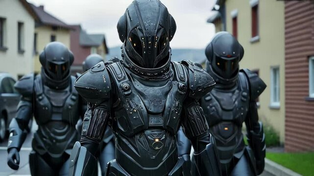 Alien invaders in armored suits march through a quiet town street during an early evening, Alien invaders in armor standing in small town street