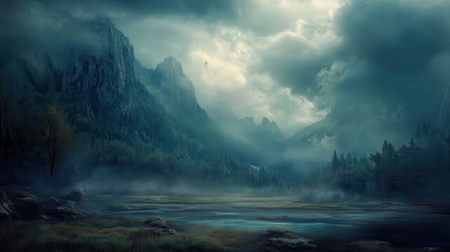 Misty Mountain Lake, Dramatic Sky, Game Background - Powered by Adobe