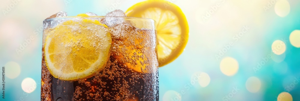 Poster Refreshing ice-cold soda with fizzy bubbles and lemon slices in a bright setting ideal for summer enjoyment