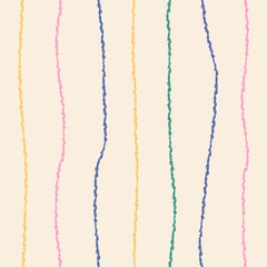 Abstract seamless pattern of thin multicolored wavy curved vertical stripes on light background, pencil, chalk effect; simple cute hand drawn illustration, flat style