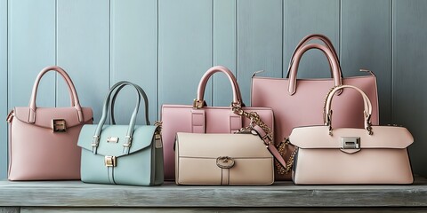 Stylish Assortment of Pastel Handbags Arranged on Wooden Shelf against Blue Wall