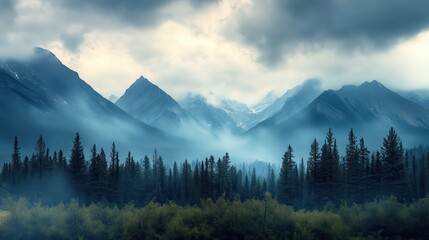 Misty mountain range, forest, sunrise, travel poster
