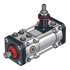 Create a bold vector illustration of a hydraulic actuator system, showcasing its internal components and powerful mechanics with strong, impactful lines and contrasting colors.