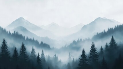 Obraz premium Misty mountain valley forest landscape, serene scene
