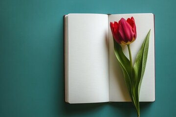 Fototapeta premium A beautiful open notebook with a vibrant red tulip flower