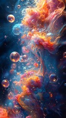 Obraz premium Colorful Swirl of Clouds and Bubbles Against Deep Blue Background