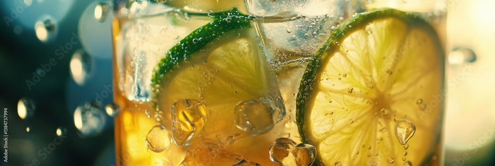 Poster Refreshing cold lemonade with ice cubes and lime slices in a summery setting perfect for outdoor enjoyment and relaxation