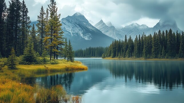 Mountain lake autumn reflection, misty peaks
