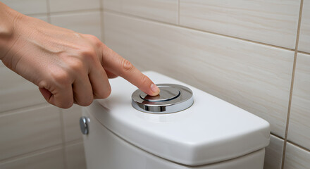 Person Pressing Silver Flush Button on White Ceramic Toilet in Tiled Bathroom Setting