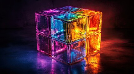 Colorful translucent puzzle cube glowing in the dark with radiant hues for modern futuristic design art
