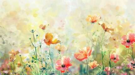 Fototapeta premium Watercolor-style illustration of spring flowers creating a soft background. stock photo --ar 16:9 --style raw --v 6 Job ID: 7cc75fba-02ac-43e9-b66f-a695a5b38e95