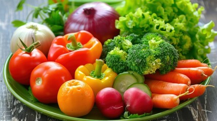 A plate of fresh vegetables and fruits. stock photo --ar 16:9 --style raw --v 6 Job ID: d46c96aa-f2c9-4805-9a7b-d0744f583cdf