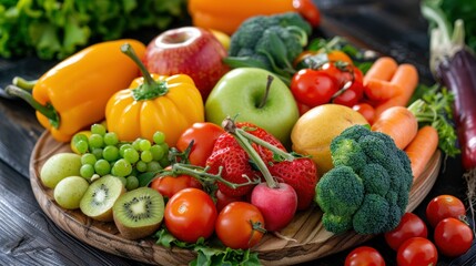 A plate of fresh vegetables and fruits. stock photo --ar 16:9 --style raw --v 6 Job ID: d46c96aa-f2c9-4805-9a7b-d0744f583cdf