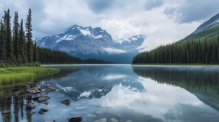 Fototapeta premium Mountain lake serene reflection, misty dawn