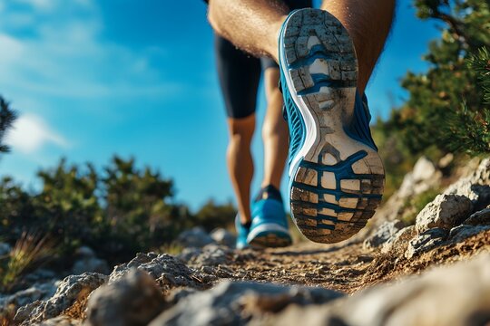 Person walking on a rocky path outdoors with trees and a blue sky.