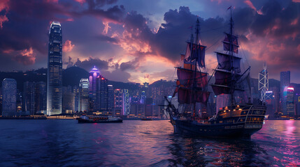 A ship sailing past a city skyline at dusk 