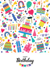 Happy Birthday poster. Greeting card. Party decoration, gift box, cake, party. Hand drawn elements. Vector illustration. 