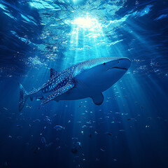 Fototapeta premium A solitary, majestic whale shark swimming through the open ocean, surrounded by small fish and plankton