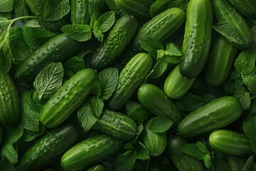 Fresh cucumbers and mint leaves arranged together in a vibrant green display