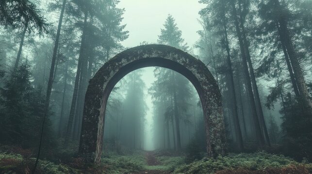 Mystical archway in misty forest path