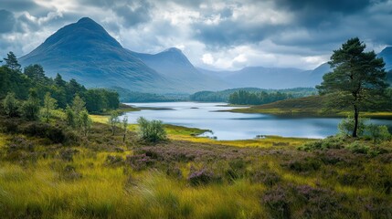 Scottish Highlands lake, mountains, heather, calm