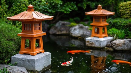 Fototapeta premium Traditional japanese garden lanterns and koi pond beauty tranquil nature scene gigapixel quality