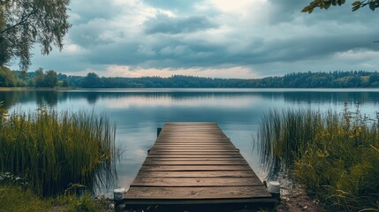 Serene lake dock, cloudy sky, forest backdrop, calm