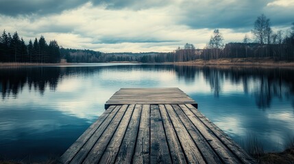Obraz premium Serene lake dock, forest backdrop, calm water