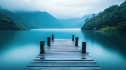 Naklejka premium Serene lake dock, misty mountains, calm water, peaceful scene, travel poster