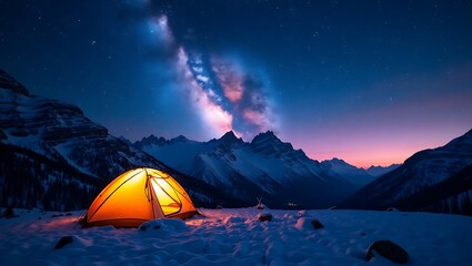 Illuminated tent under a starry sky majestic snowy mountains peaceful night camping adventure