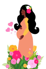 Pregnancy woman in a pregnant dress on a background with flowers and leaves.  Future mom. Pregnancy banner. Happy pregnant woman touching belly. Young black woman. Expecting baby. vector illustration