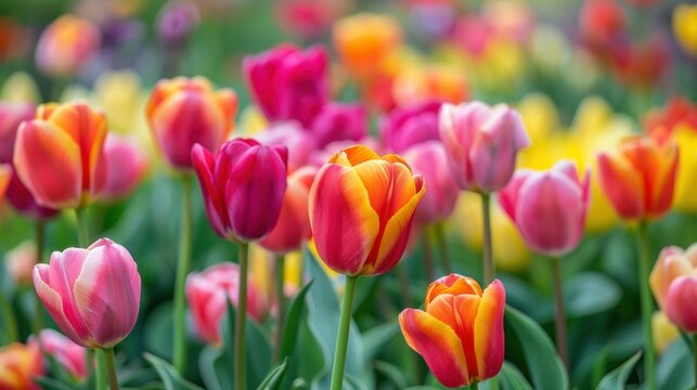Bright tulip flowers filling the background of a garden. stock photo --ar 16:9 --style raw --v 6 Job ID: 3076f134-052d-4e5c-86f4-63b4a22f9abf