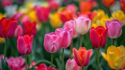 Fototapeta premium Colorful tulips creating a stunning background in spring. stock photo --ar 16:9 --style raw --v 6 Job ID: 39f0c7bb-3081-44ee-b284-77d01237d11d