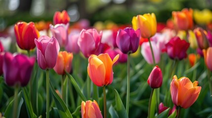 Obraz premium Bright tulip flowers filling the background of a garden. stock photo --ar 16:9 --style raw --v 6 Job ID: 3076f134-052d-4e5c-86f4-63b4a22f9abf