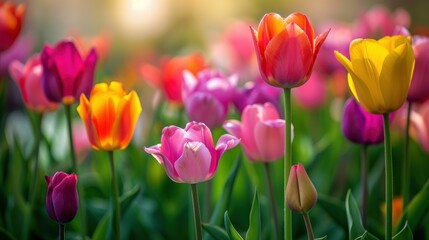Obraz premium Colorful tulips creating a stunning background in spring. stock photo --ar 16:9 --style raw --v 6 Job ID: 39f0c7bb-3081-44ee-b284-77d01237d11d