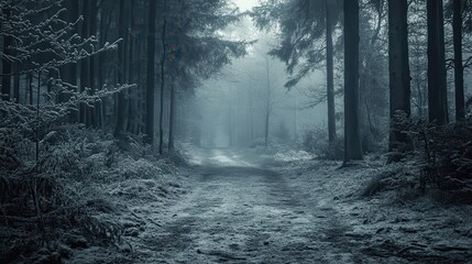 Snowy path through misty winter forest