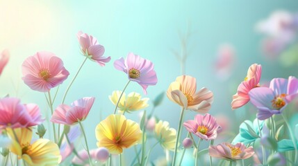 Naklejka premium Illustration of spring flowers in bright pastel colors for a background. stock photo --ar 16:9 --style raw --v 6 Job ID: 71f76f6c-d891-491f-8d68-0adbed89e516