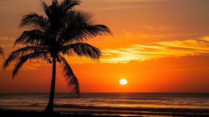 A sunset over the Indian Ocean with a palm tree silhouette in Durban. stock photo --ar 16:9 --style raw --v 6 Job ID: 99d87863-5aff-4acb-8d1a-37267045a4bc
