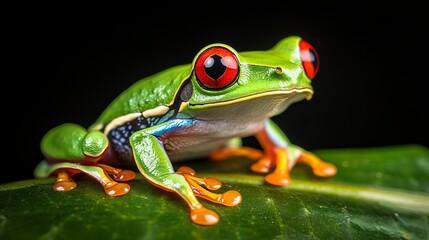 Naklejka premium Close up of a red eyed tree frog perched on a green leaf against a dark black background studio shot