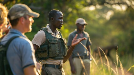 A safari guide explaining animal tracks to tourists in Kruger Park. stock photo --ar 16:9 --style raw --v 6 Job ID: 70469e89-eee4-4f7f-8af5-b5987bfe7678
