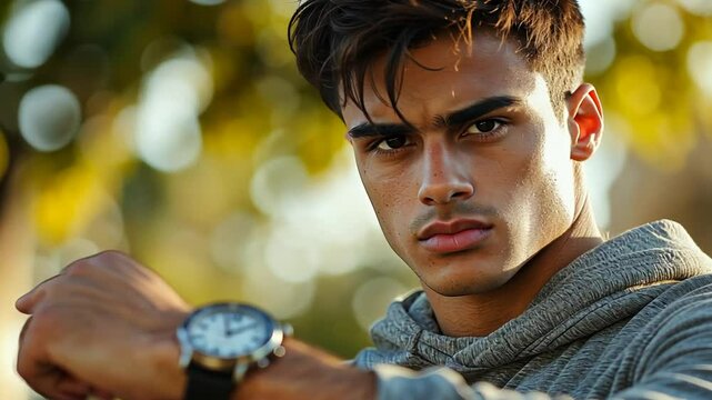 A man in casual attire urges time urgency with a watch