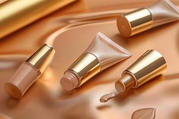 Obraz premium Various makeup tubes on a glossy golden surface