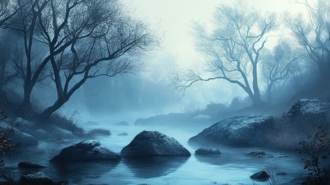 Misty forest river landscape, serene, tranquil, early morning, digital art, nature