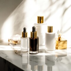 Naklejka premium Elegant Display of Skincare Products on a Marble Surface