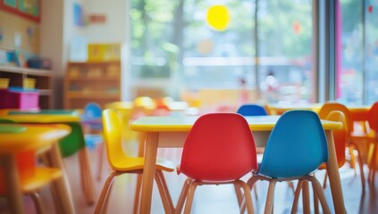 Colorful classroom with colorful tables and chairs.  A bright, cheerful space for learning and play