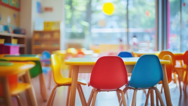 Colorful classroom with colorful tables and chairs.  A bright, cheerful space for learning and play