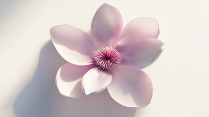 Delicate Pink Magnolia Bloom with Soft Petals and Detailed Center Against a Light Background