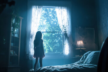 Little girl standing on bed looking out window at night